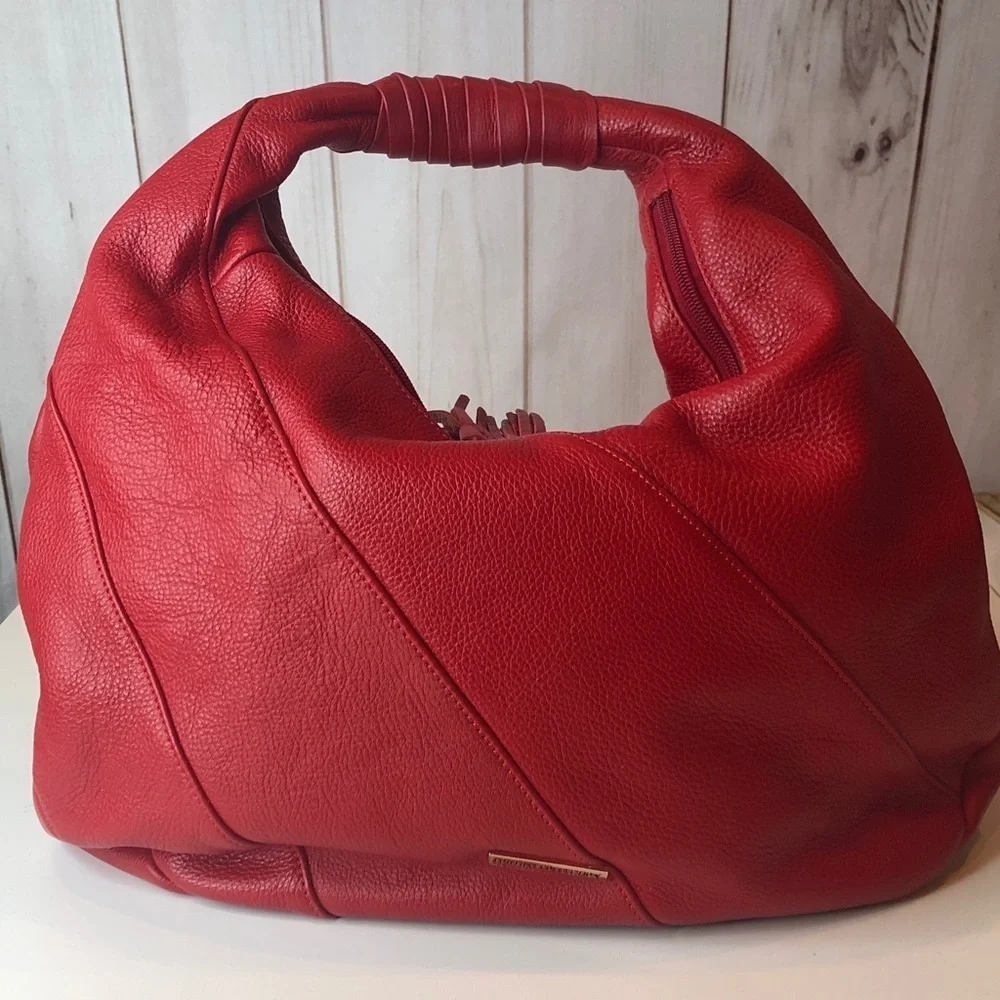 La Giodi de Toscana Red Studded Soft Leather Hobo Handbag Zip top Roomy NWOT